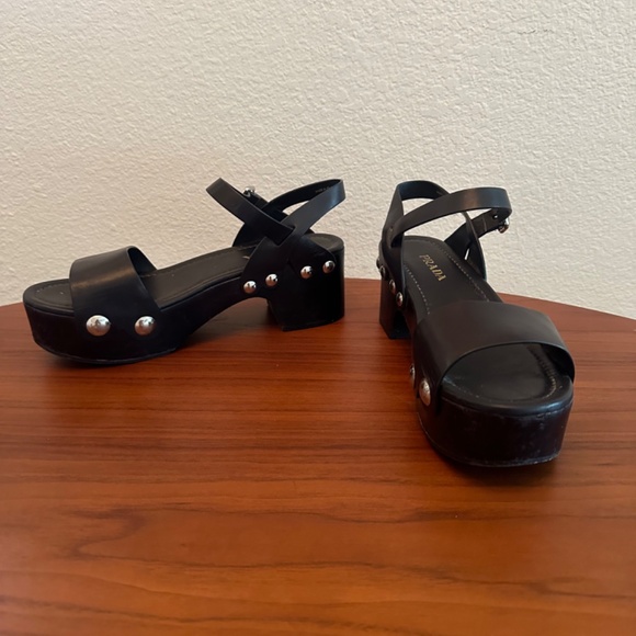 Like New Prada Platform Black Stud Sandal Wooden Clog Size 40 - Picture 7 of 11
